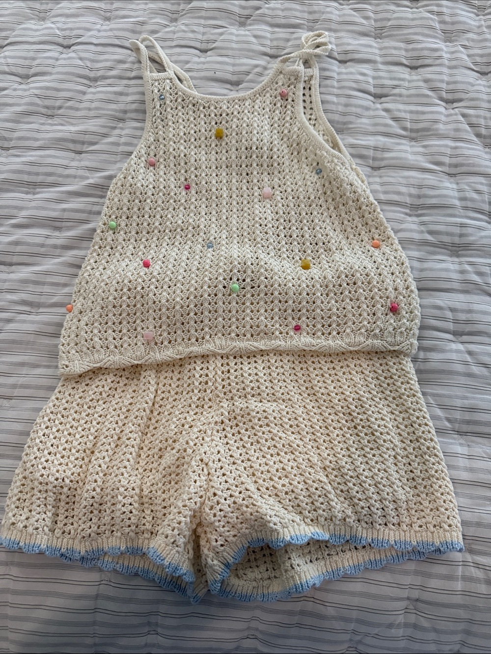 Zara Cream Crochet Tank and Shorts Set with Pastel Trim